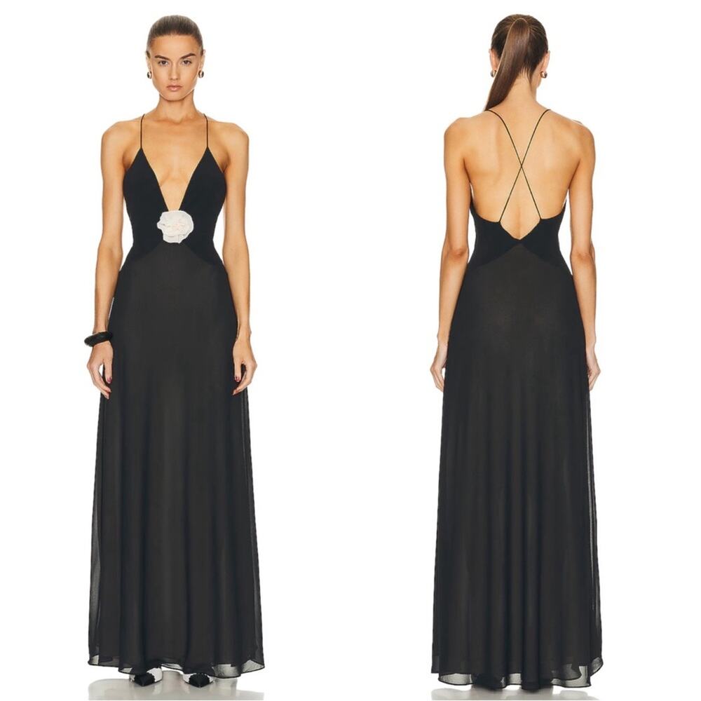 HELSA Sheer Deep V Rosette Long Slip Maxi Dress in Black Size Large